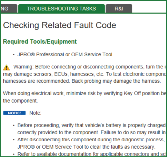 JPRO Fault Guidance troubleshooting tasks